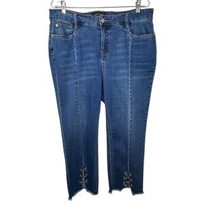 Ashley Stewart Pierced Cropped High Rise Blue Denim Jeans Chain Detail Size 14